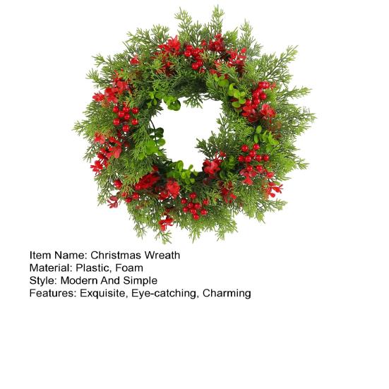 16 Inch Christmas Wreath with Red Berries Artificial Eucalyptus And Cedar Leaf Wreath for Holiday Front Door Wall Home Decoration