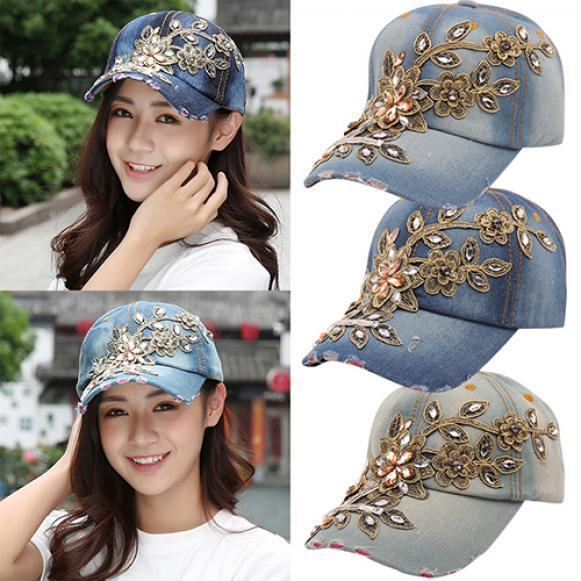 Women's Embossing Flower Denim Baseball Summer Rhinestone Inlaid Jeans Hat