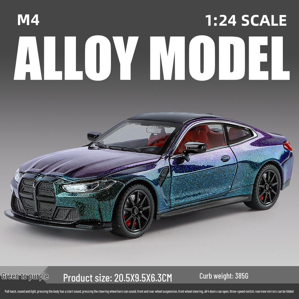 1:24 BMW M4 Diecast Car Model with Shock Absorption, Pull-Back, Steering, Sound, and Light Features.