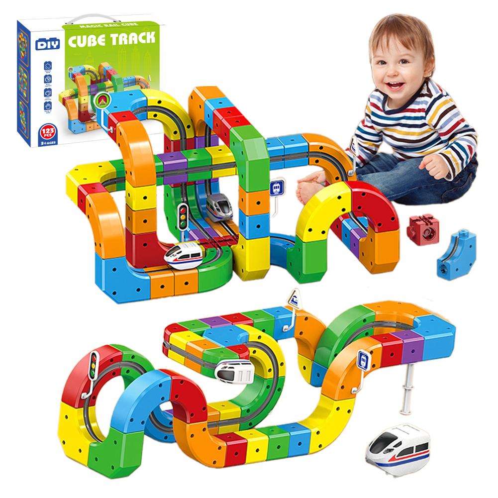 Cube DIY Assembly Rail Car Toys Kids Puzzle Electric Train Toys Intellectual Building Blocks Birthday Christmas Xmas Gift