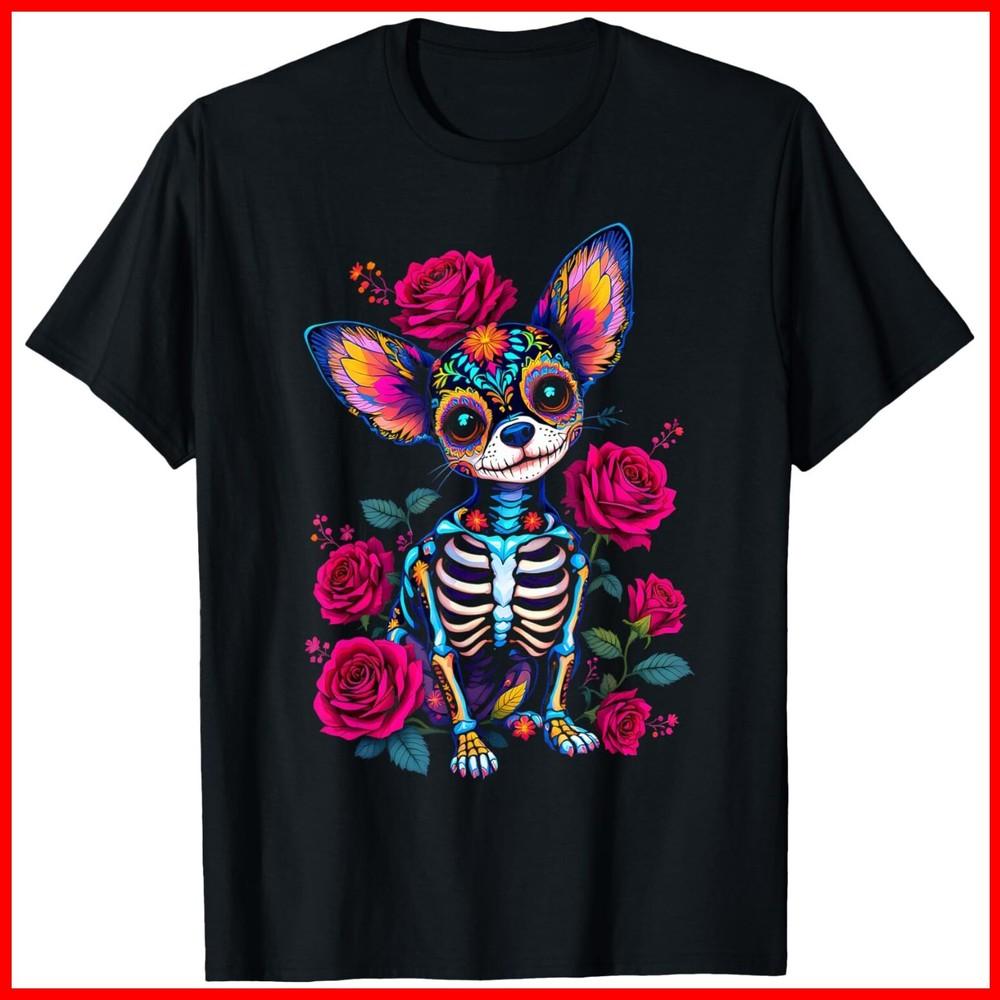 Mexican Sugar Skull Chihuahua Dia De Los Muertos Halloween Black Cotton T-Shirt Unisex T-Shirt XXXL