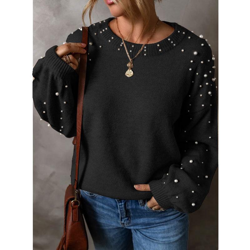Suéter Oversize de Punto con Cuello Redondo y Manga Larga para Mujer, Top Pulóver de Punto con Perlas