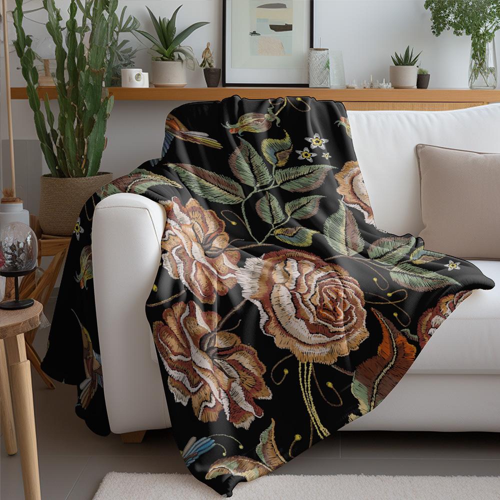 Embroidered Floral Velvet Throw Blanket Dark Floral Pattern Sofa Bed Living Room Decor Gift