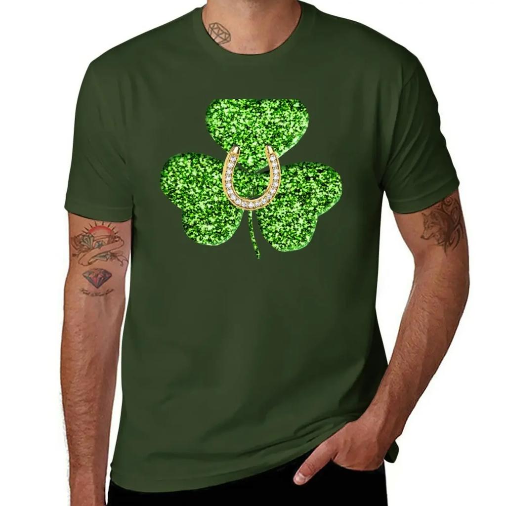 Faux Green Glitter Shamrock With A Horseshoe T-Shirt Aesthetic clothing cute tops black t-shirts for men