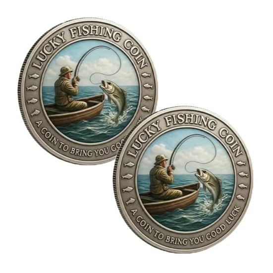 

1/2 шт. Щаслива рибальська монета Принесе вам удачу Рибальський жетон Металеве карбування Сувенірна монета Значок Прикраса Тато Чоловік Рибалки Любителі риболовлі 2pcs