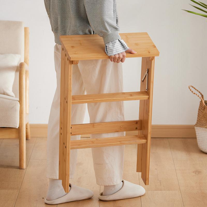 Household Solid Wood Folding Ladder Folding Chair Thickened Climbing Wooden Step Stool (Natural Wood Color)