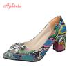 Fashion Aphixta 2025 Snake Prints 7cm Square Heels Pumps Women Shoes Crystal Pearl Sunflower Buckle Party Leisure Big Szie 35-46