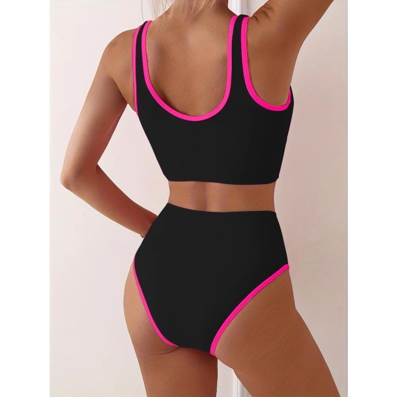 Sporty High Waist Bikinis 2026 Color Block Swimsuit Women Sexy Swimwear Female Bathers Bathing Swimming Swim Suit Beachwear XXL