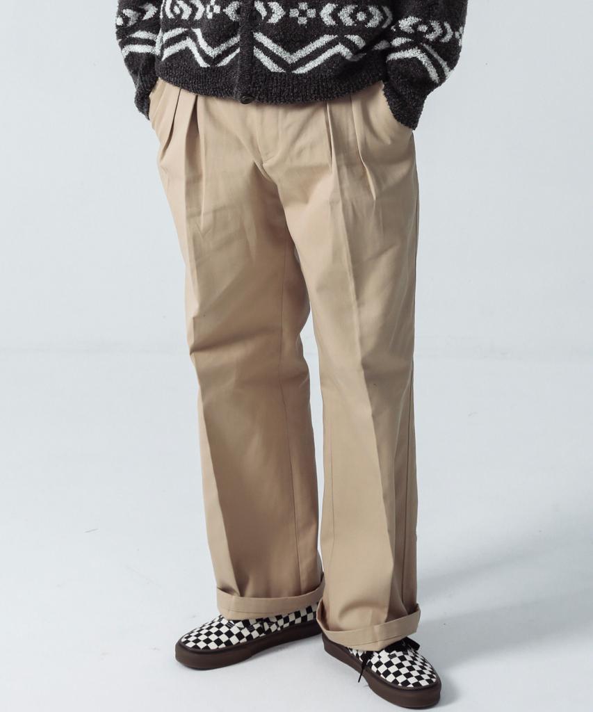 STAGE NAME Reverse Double-Pleated Elastic Wide Cotton Chino Pants_Beige