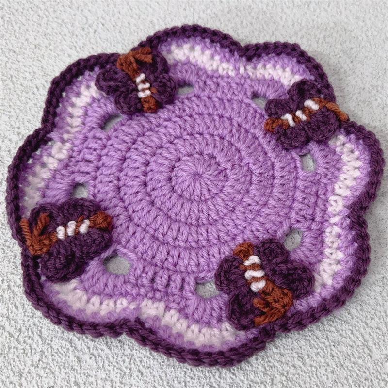 Handmade Crocheted Three-Dimensional Butterfly Placemat, Fashionable Insulated Coaster, Lace Hollowed Out Party Mat фиолетовый