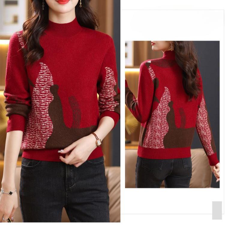 Autumn/Winter Fashion Round Neck Contrast Jacquard Hollow Vintage Art Casual Loose Long Sleeve Sweater