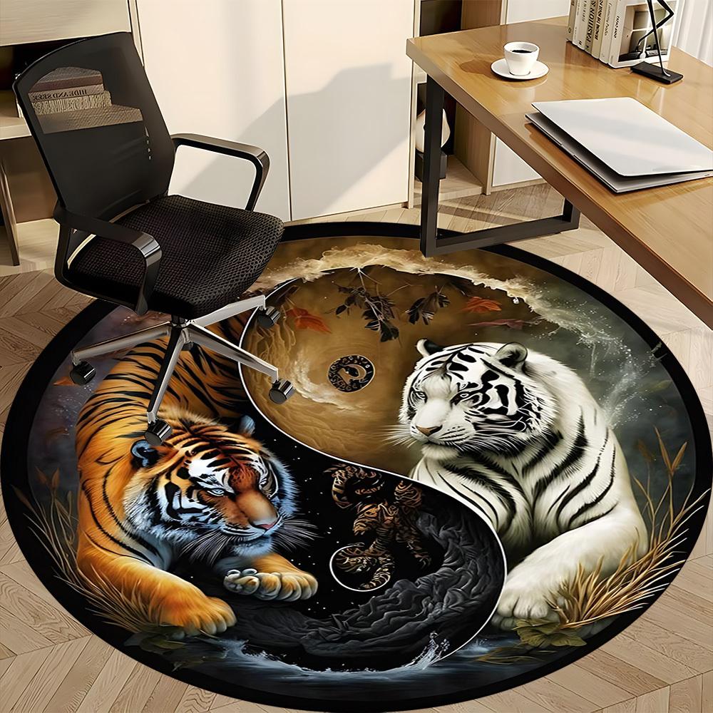 1PC Tiger YinYang Office Round Area Rug, Mat Suitable For Office, Under Office Chairs Bedroom Living Room Home Decor, Room Deco