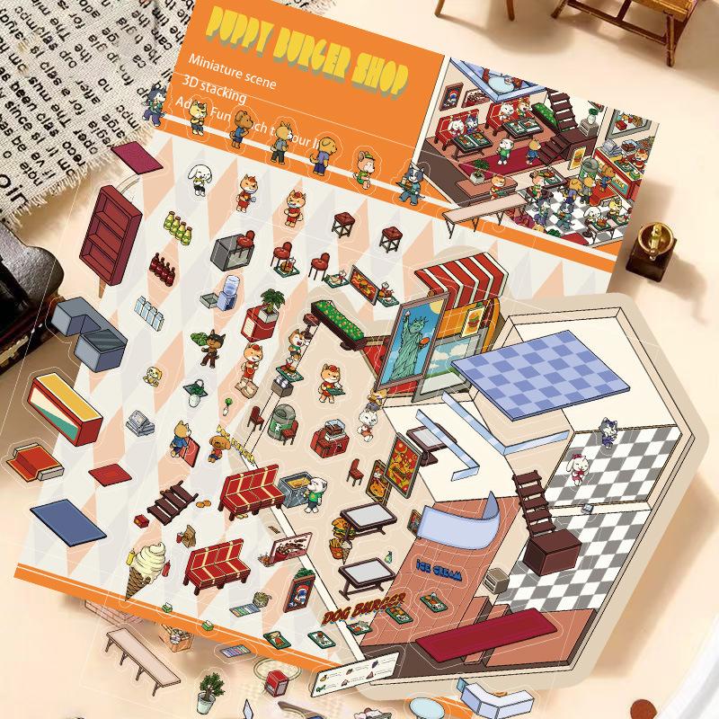 Cartoon Landscape Sticker Cute Miniature World 3D Three-dimensional House Unzipped DIY Scene Handbook Sticker
