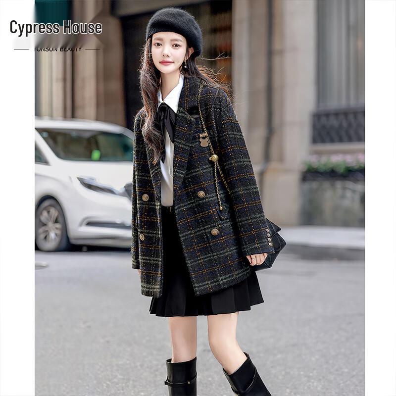 

Women s Plaid Wool Blend Lapel Overcoat L