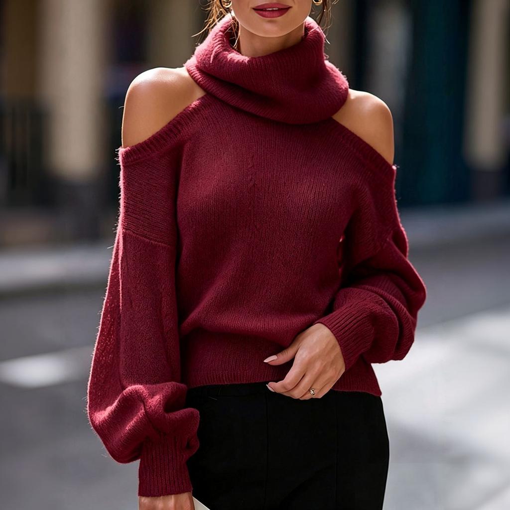 Damen Schulterfreier Rollkragenpullover, Lockerer Strickpullover Top für Herbst Winter Freizeitkleidung