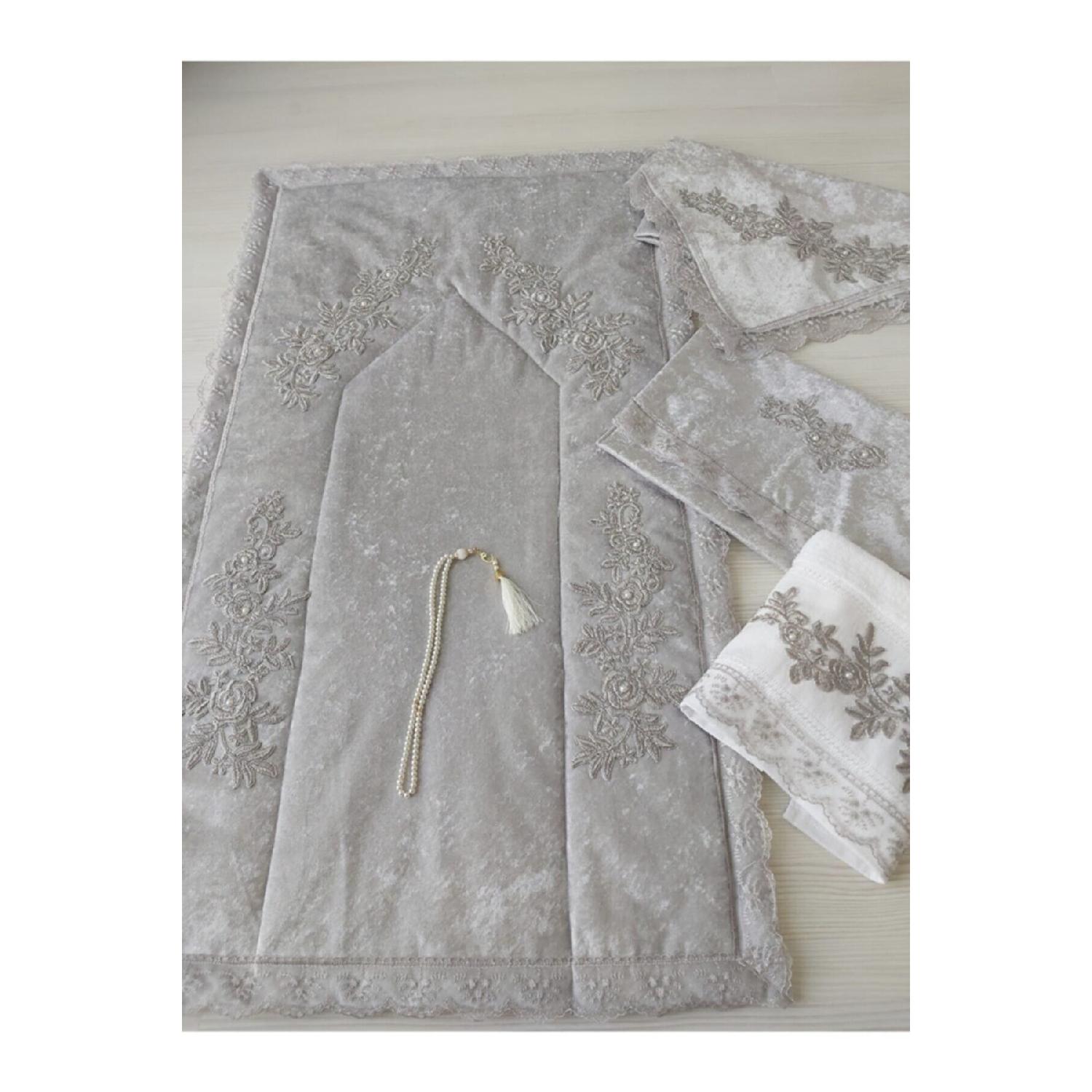 

French Lace Velvet Prayer Rug Set 5 Piece Dowry Bundle Bridal Set 70 x 120 серый