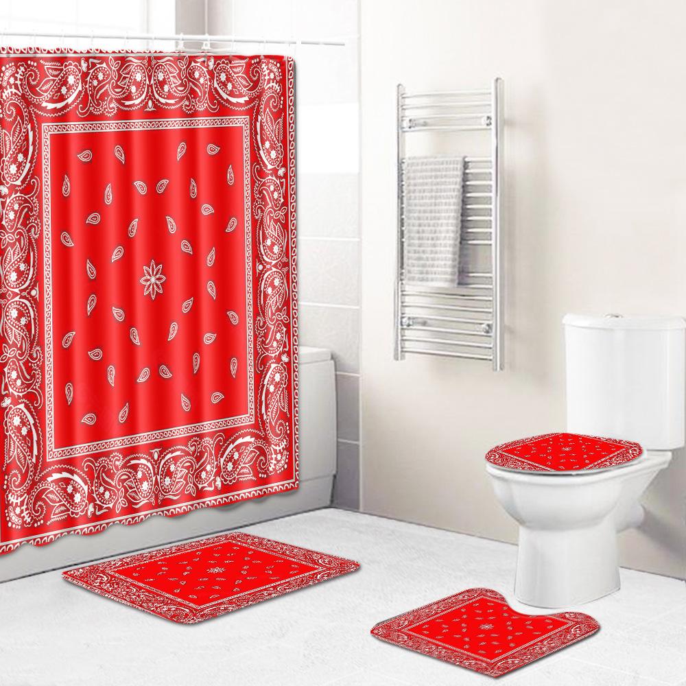 Retro Geometric Bathroom Four-Piece Waterproof Shower Curtain Bedroom Non-Slip Carpet Floor Mat Door Mat