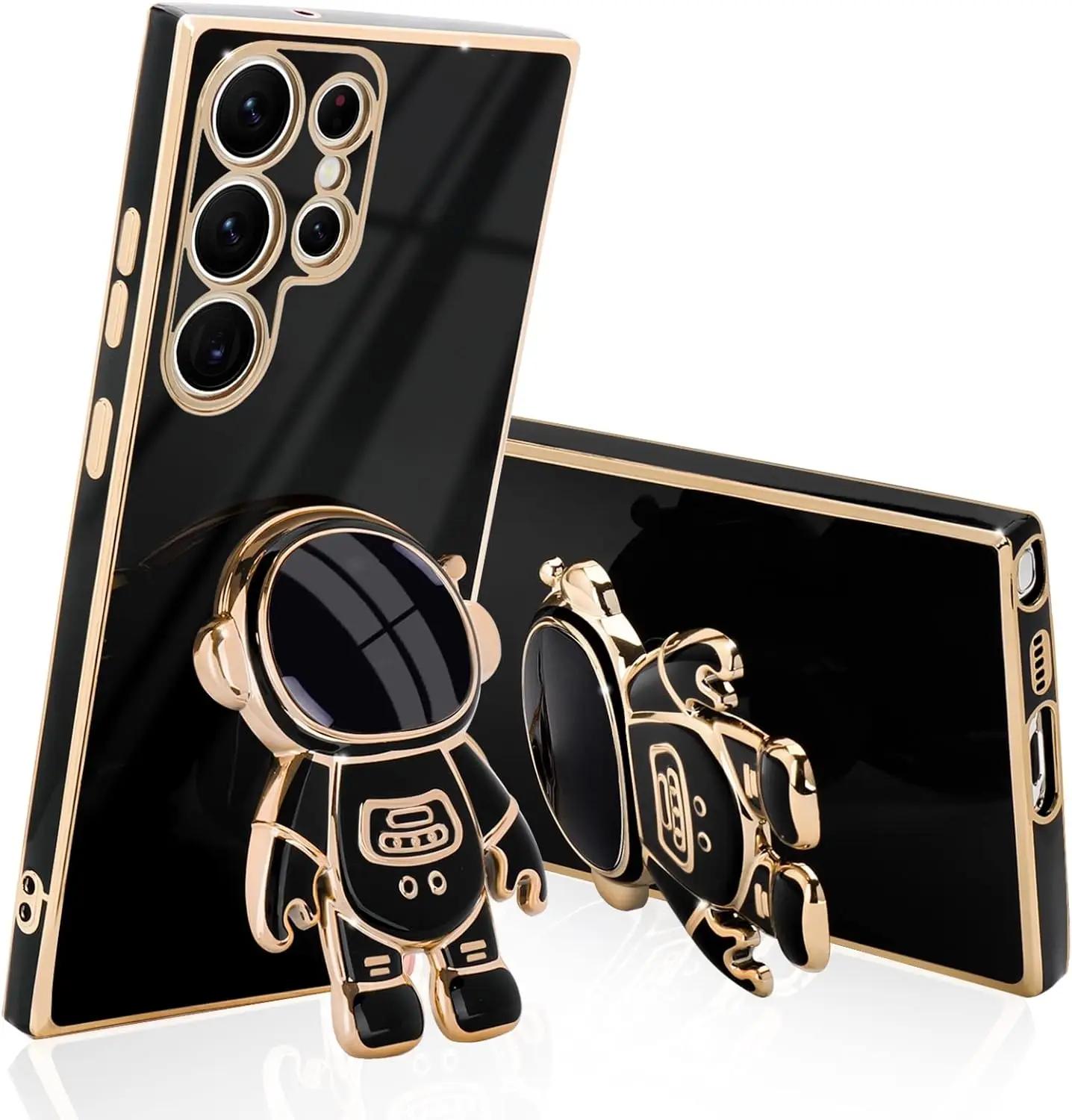 

Роскошный чехол-подставка Astronaut для Samsung Galaxy S21 S22 Plus S23 FE S24 Ultra Slim Fit, мягкий противоударный бампер с гальваническим покрытием S21 Ultra чёрный