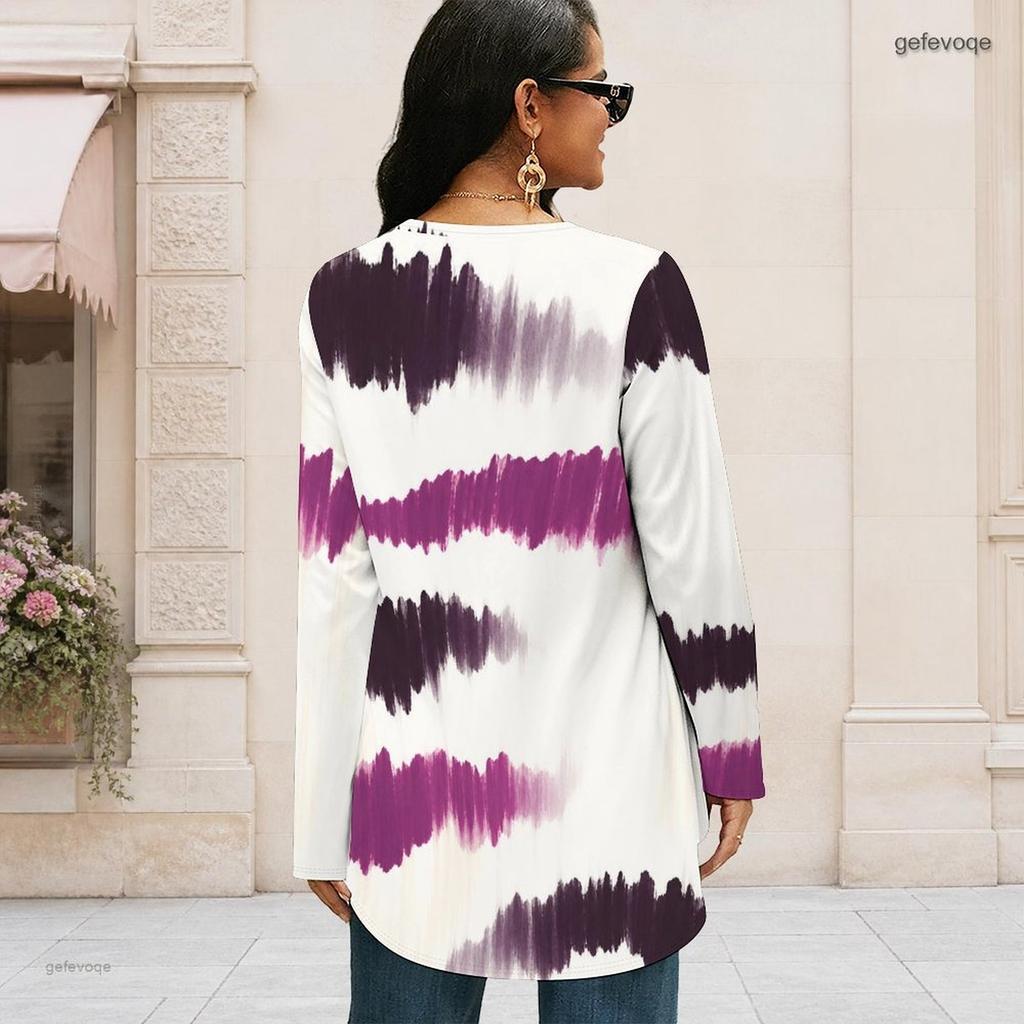 Ladies Plus Size Tie Dye Striped Long Sleeve T Shirt Round Neck Loose Irregular Hem Casual Tunic Top For Daily Wear