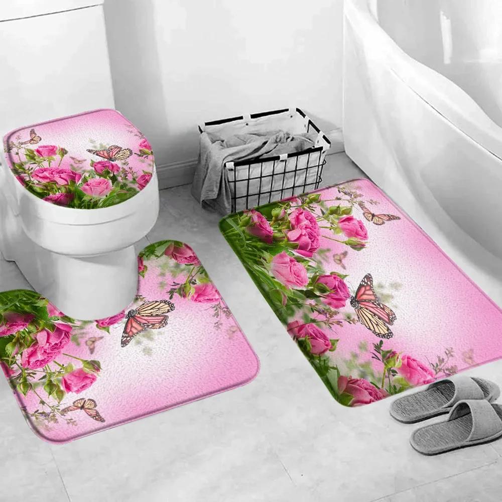 Red Rose Flower Bath Mat Set Fresh Florals Fields and Garden Plant Non-slip Toilet Lid Foot Rug Floor Mat Bathroom Accessory Set
