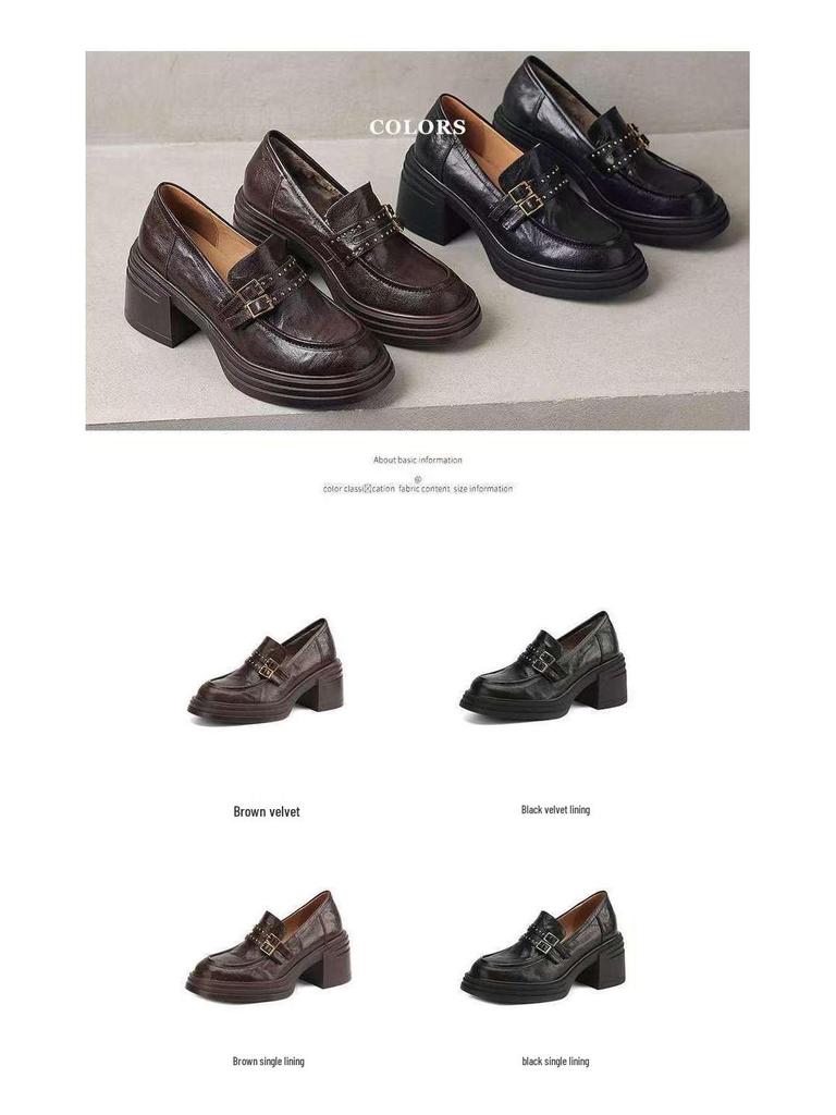 Women's 2025 Autumn/Winter Chunky Heel Genuine Leather Loafers - Thick-Soled Petite Versatile Shoes