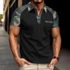 Męskie letnie topy z klapą, z krótkim rękawem, patchworkowe w kolorze kamuflażu, koszulka T-shirt z przednią kieszenią, koszulka outdoorowa