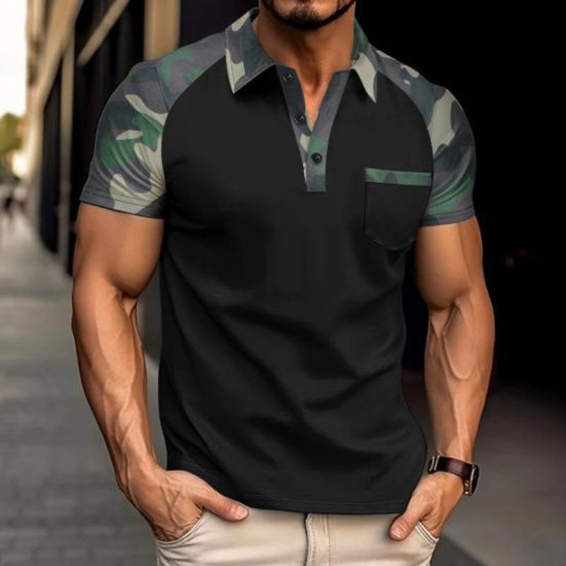 Męskie letnie topy z klapą, z krótkim rękawem, patchworkowe w kolorze kamuflażu, koszulka T-shirt z przednią kieszenią, koszulka outdoorowa