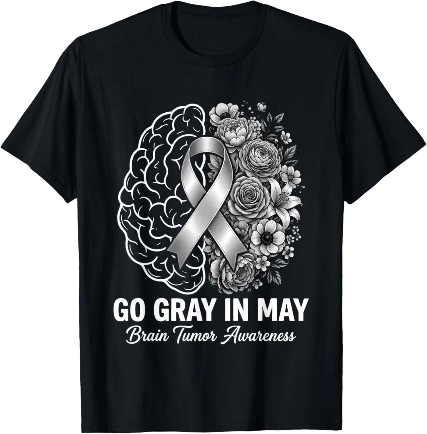Floral Go Gray in May Brain Tumor Awareness Ribbon Support T-Shirt M