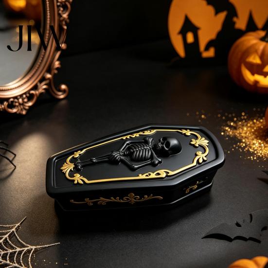Creative Skull Relief Box Gothic Casket Jewelry Box, Resin Spooky Storage Figurine for Desktop Sundries Organizer Rings, Halloween Dark Tabletop