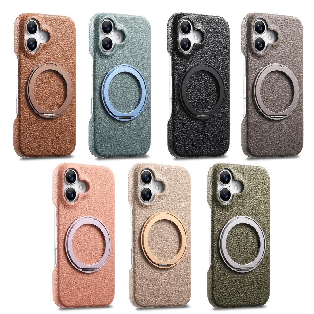 360 Rotating Magnetic Kickstand Lychee Grain Leather Phone Case For iPhone 17 Pro Max 16 Plus 15 14 13 12 11 Shockproof Cover