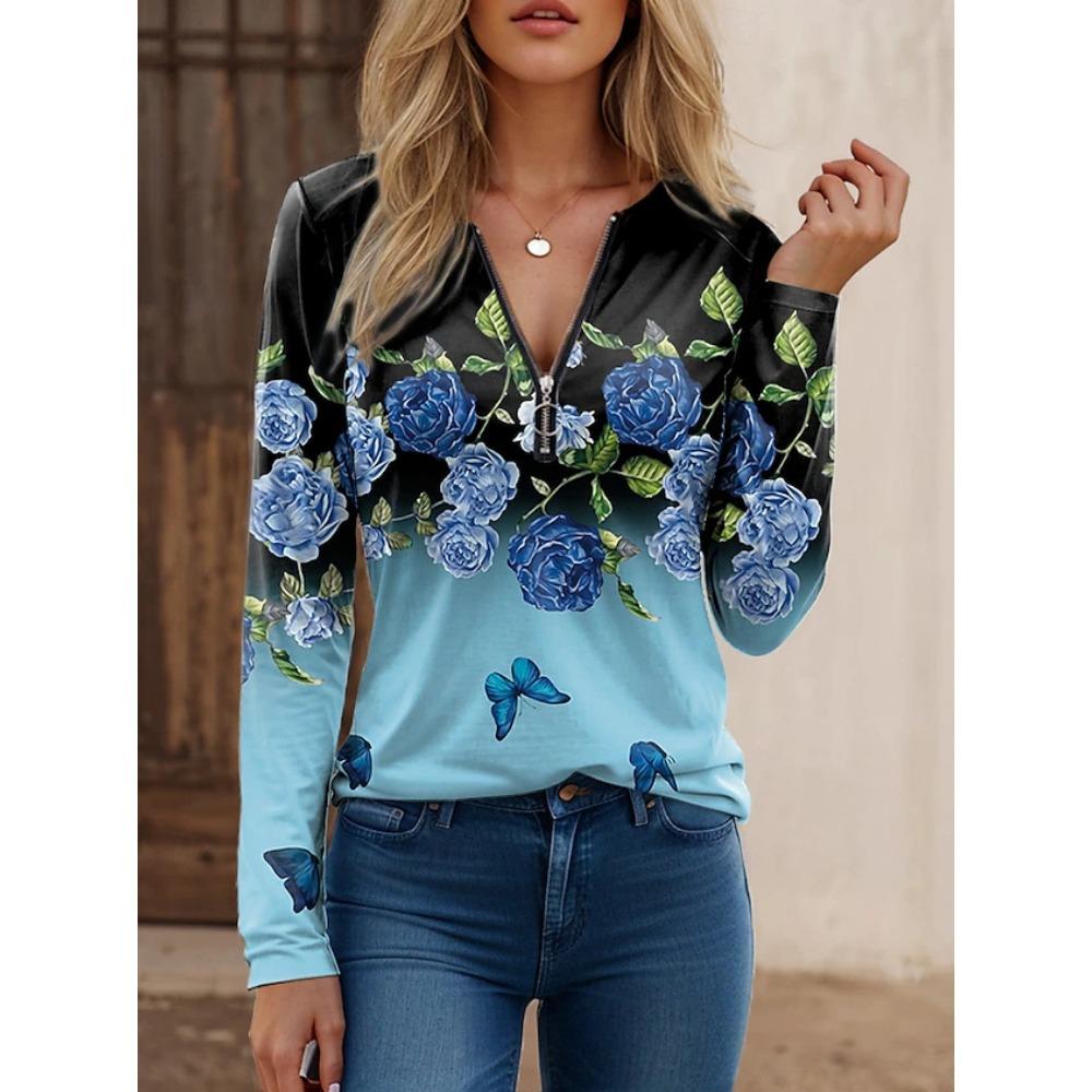 

JPNTKY Женская Мода Повседневные Осенне-Зимние Блузки и Рубашки с Цветочным Принтом, Длинным Рукавом и Воротником на Молнии XXXXXL