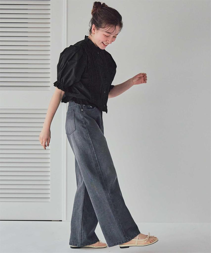 Titibait Ruffle Lace Design Blouse AFXP4267 L Black Women's