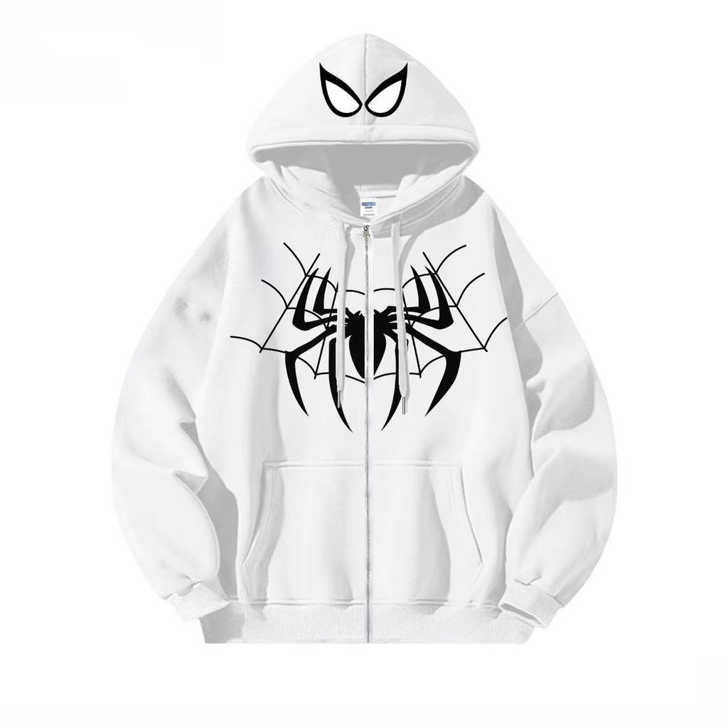 Spider Print Zip Up Hoodie for Men Women, Personalized Full Zip Hooded Sweatshirt, Streetwear Pullover Jacket with Pockets, Black