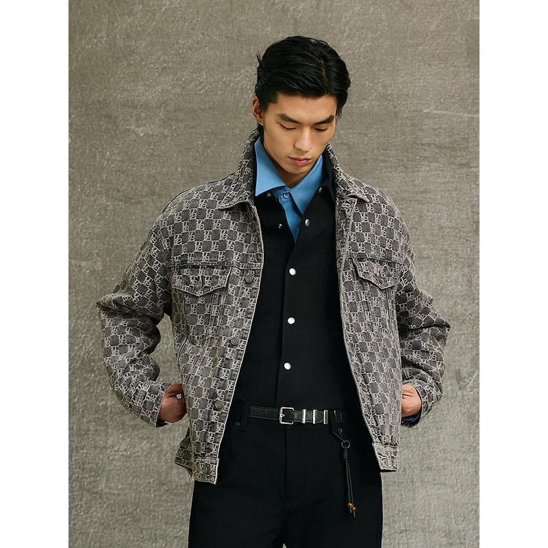 GXG Men's All-over Jacquard Washed Gray Denim Jacket