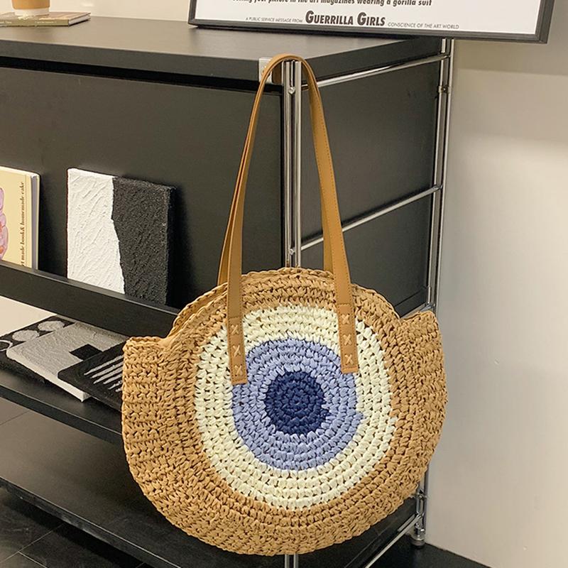 Straw Bag Women Hand-Woven Handbag Round Shape Rattan Bag Big Capacity Casual Beach Shoulder Crossbody Bag