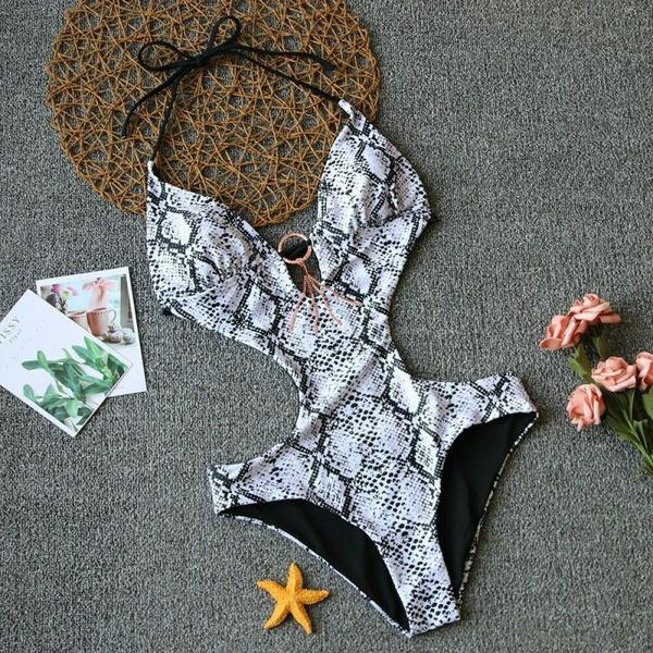 Damen Einteiliger Badeanzug mit Print Bademode Tiefer V-Ausschnitt Monokini Body Rückenfreier Badeanzug Strandbekleidung Hochgeschnittener Badeanzug