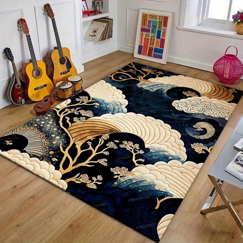 

Wave and Cloud Design Rug – Deep Blue with Gold Accents, for Living Room Bedroom Home Decor 50x80cm