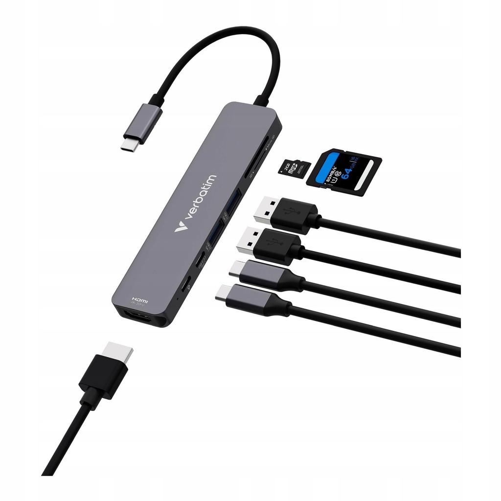 Hub USB Verbatim Multi Port Essentials USB-C PD, USB-C, 2xUSB-A 3.0, HDMI, SD/microSD