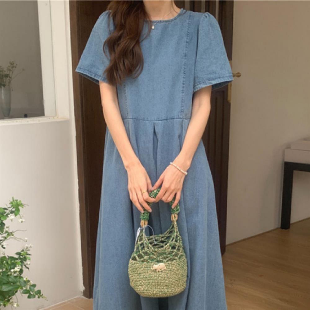 New Arrivals Open Run Women Puff Sleeve Pocket Denim Long Dress