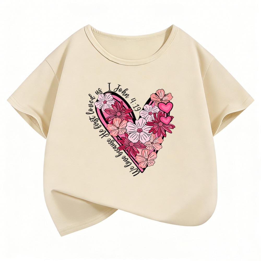 Vintage Floral Love Heart Design T-Shirt Printed T Shirt Girls' Summer Clothes Short Sleeve Tops T-Shirts Cute Kids Clothing