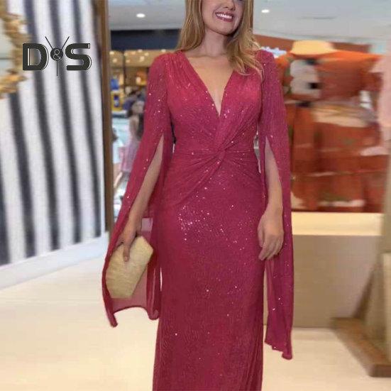 Kvinner aftenkjole Delte ermer Dyp V-hals Skinnende paljett Slim Fit Tight midjeknute Plissert Full lengde Ensfarget Lady Ball Bankett Maxikjole