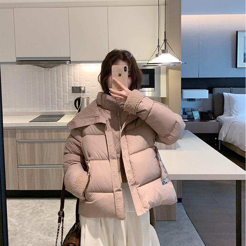 Short Lamb Wool Lapel Padded Jacket with Belt
