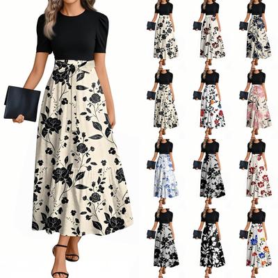 Women's Fashion Casual Belted Short Sleeve Round Neck Printed Elegant Temperament Dresses