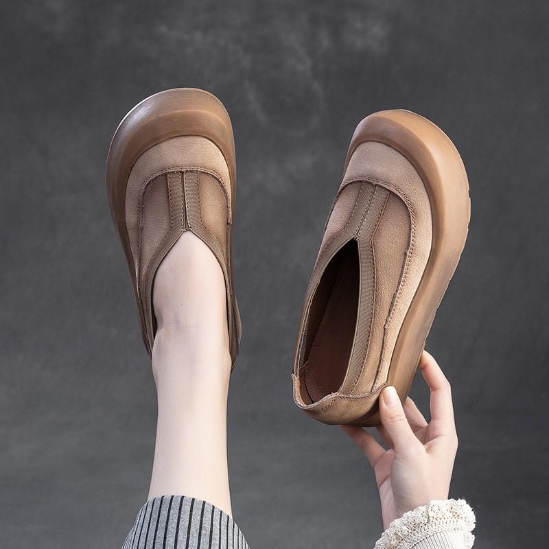 Johnature Γνήσιο δέρμα με χοντρή σόλα με στρογγυλά δάχτυλα Loafers Ρετρό άνετα γυναικεία παπούτσια με επίπεδη πλατφόρμα