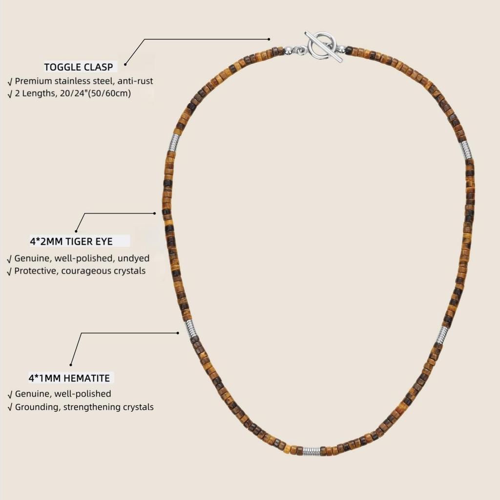 Tiger Eye Hematite Stainless Steel Toggle Necklace for Men [COAI]