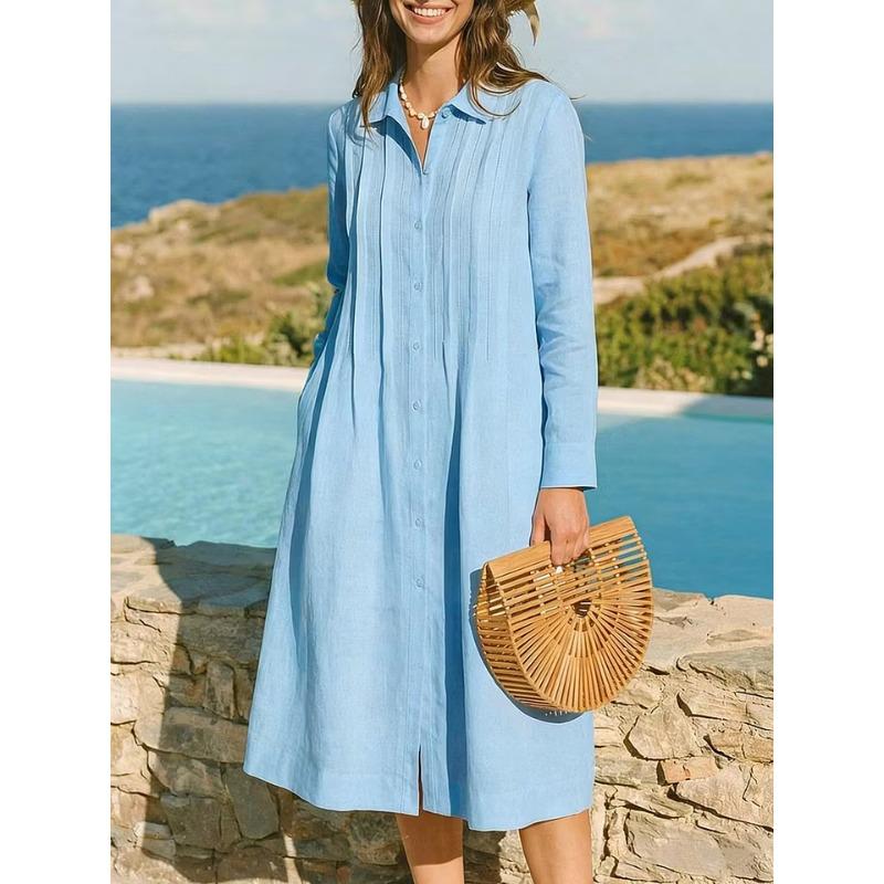 JPNTKY Fashion Summer Spring Solid Color Print Long Sleeve POLO Neck Casual Dresses