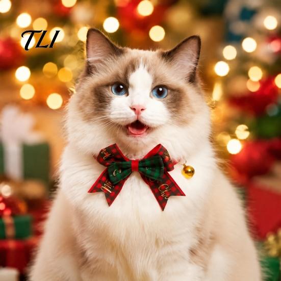Holiday Cat Bow Christmas Pet Collar, Adjustable Collar with And Bell, Accessories Plaid Print for Cats, Small Dogs, Wear Festive Costume