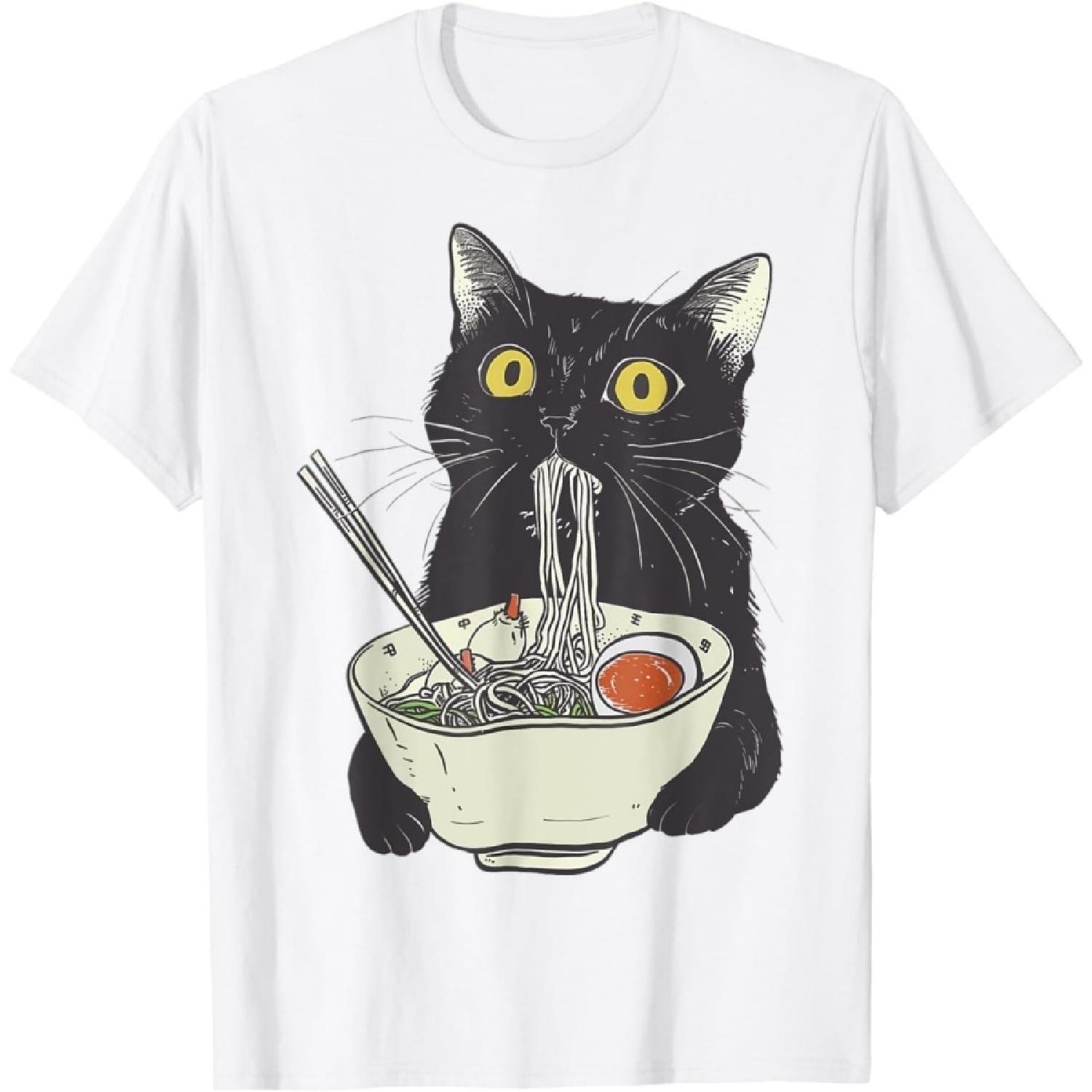 iFreya Japanese Cat Funny Cat Eating Ramen Vintage Japanese Noodles T-Shirt S