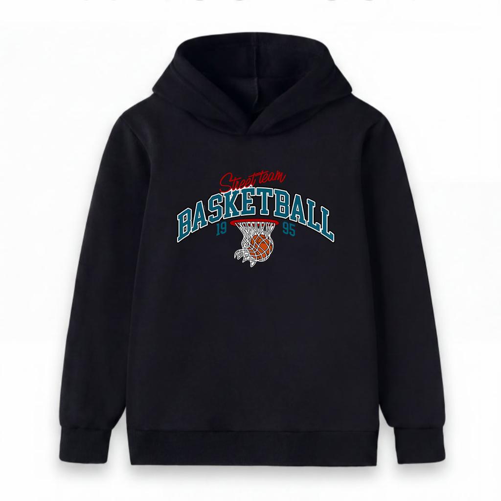 Kids Boys Girls Pullover Hoodie, Vintage Street Team Basketball 1995 Pattern Casual Long Sleeve Hooded Sweatshirt for Sports Daily Wear for Children
