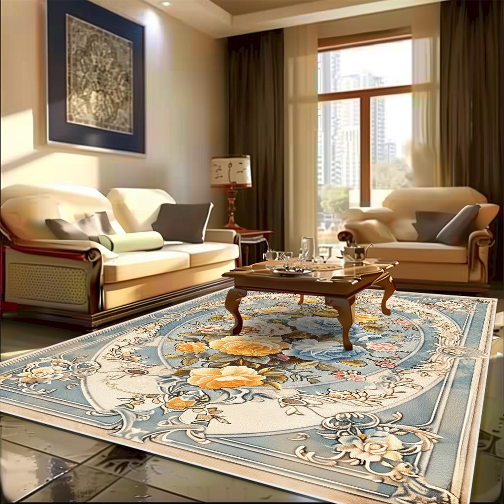 European Carpet Living Room Pastoral Flower Home Carpet Modern Light Luxury Style Bedroom Rug Non-slip Lounge Floor Mat Washable